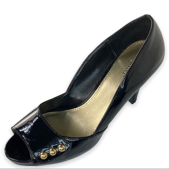 Dexter Black Patent Peep Toe Heels With Gold Studs Size 9 - Picture 4 of 12